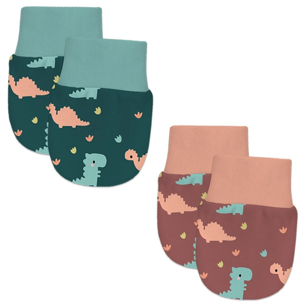Adhigams Dino Doodle Newborn Cotton Hand Gloves/Muthi/Hosiery Mittens Set with Gentle Elastic Thread Wristbands | Unisex Mittens for 0-12 Months (Pack of 2 Pairs) - 0-6 M