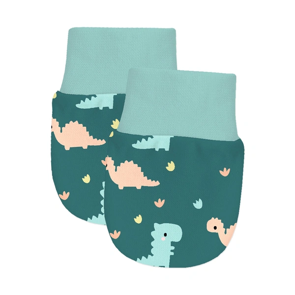 Adhigams Dino Doodle Newborn Cotton Hand Gloves/Muthi/Hosiery Mittens Set with Gentle Elastic Thread Wristbands | Unisex Mittens for 0-12 Months (Pack of 2 Pairs) - 0-6 M