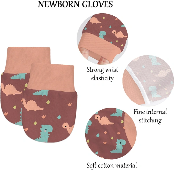 Adhigams Dino Doodle Newborn Cotton Hand Gloves/Muthi/Hosiery Mittens Set with Gentle Elastic Thread Wristbands | Unisex Mittens for 0-12 Months (Pack of 2 Pairs) - 0-6 M