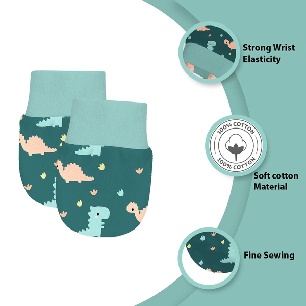 Adhigams Dino Doodle Newborn Cotton Hand Gloves/Muthi/Hosiery Mittens Set with Gentle Elastic Thread Wristbands | Unisex Mittens for 0-12 Months (Pack of 2 Pairs) - 0-6 M