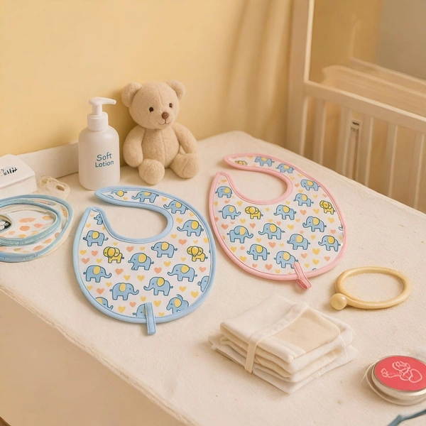 Adhigams Baby Elephant Cotton Baby Neck Cloth Feeding Drool Bibs with Adjustable Snap Button Closure, Super Absorbent & Reusable, Soft, Comfortable & Lightweight Bandana, Bibs (pack of 2)