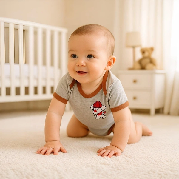 Adhigams Bubbly Bear New Born Baby Unisex Rompers/Jumpsuit/Sleepsuit/Night Suits for Baby Boys & Girls, Infants, 100% Pure Cotton Suit (0-3/3-6/6-9/9-12/12-18 Months) (Pack of 1) (Grey)