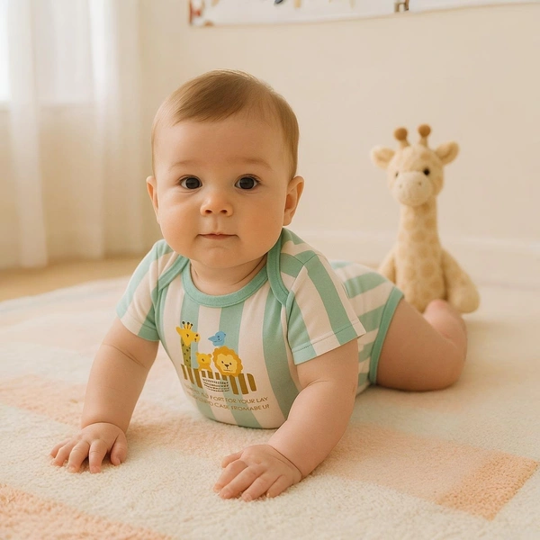 Adhigams Jungle On Wheels New Born Baby Unisex Rompers/Jumpsuit/Sleepsuit/Night Suits For Baby Boys & Girls, Infants, 100% Pure Cotton Suit (0-3/3-6/6-9/9-12/12-18 Months) (Pack Of 1) (Stripe Brown)