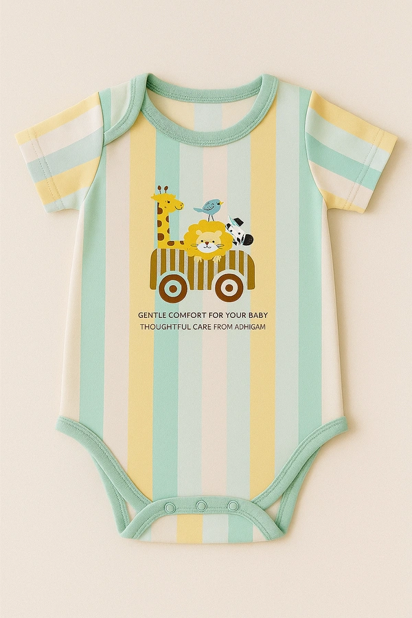 Adhigams Jungle On Wheels New Born Baby Unisex Rompers/Jumpsuit/Sleepsuit/Night Suits for Baby Boys & Girls, Infants, 100% Pure Cotton Suit (0-3/3-6/6-9/9-12/12-18 Months) (Pack of 1) (Strip Yellow)