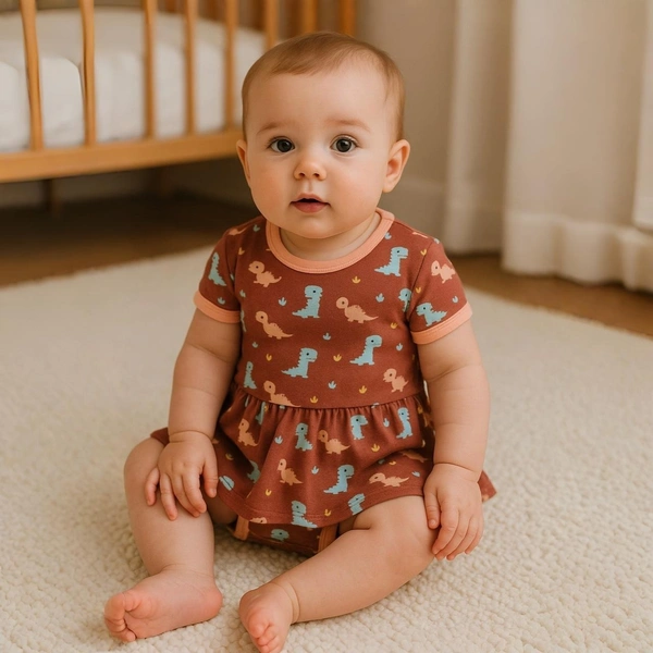 Adhigams New Born Baby Dino Doodle Stylish Cotton Romper for Baby Girl | for 3 to 6 Months (Pack of 1) (Brown)