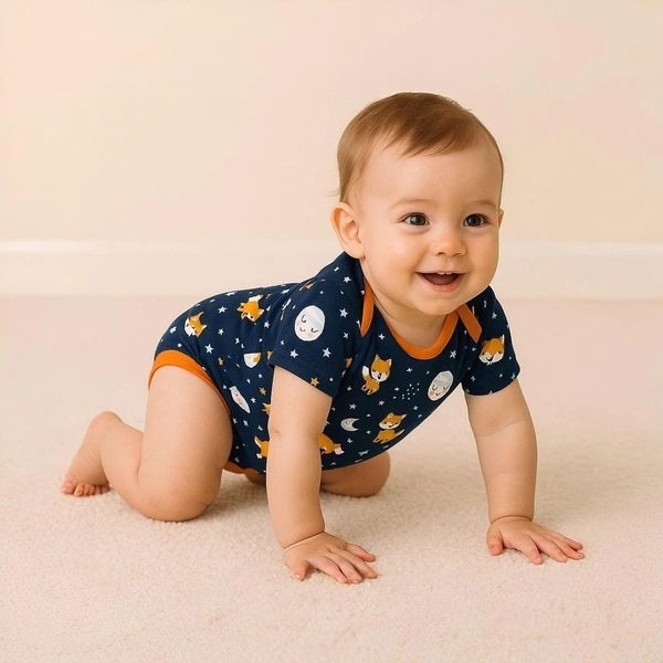 adhigams Cosmic Night New Born Baby Unisex Rompers/Jumpsuit/Sleepsuit/Night Suits For Baby Boys & Girls, Infants, 100% Pure Cotton Suit (0-3/3-6/6-9/9-12/12-18 Months) (Pack Of 1) (Dark Blue)