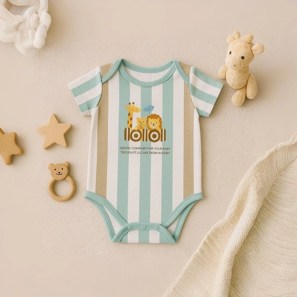 Adhigams Jungle On Wheels New Born Baby Unisex Rompers/Jumpsuit/Sleepsuit/Night Suits For Baby Boys & Girls, Infants, 100% Pure Cotton Suit (0-3/3-6/6-9/9-12/12-18 Months) (Pack Of 1) (Stripe Brown)