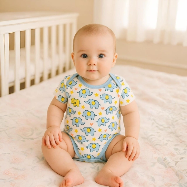 Adhigams Baby Elephant New Born Baby Unisex Rompers/Jumpsuit/Sleepsuit/Night Suits for Baby Boys & Girls, Infants, 100% Pure Cotton Suit (0-3/3-6/6-9/9-12/12-18 Months) (Pack of 1) (White) - 0-3 M