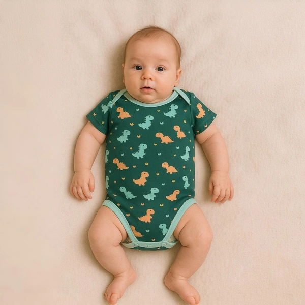adhigams Dino Doodle-New Born Baby Unisex Rompers/Jumpsuit/Sleepsuit/Night Suits For Baby Boys & Girls, Infants, 100% Pure Cotton Suit (0-3/3-6/6-9/9-12/12-18 Months) (Pack Of 1) (Green)