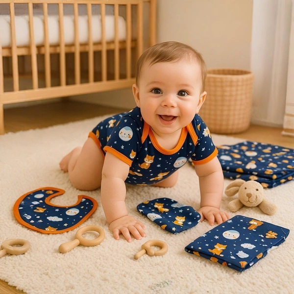 adhigams Cosmic Night New Born Baby Unisex Rompers/Jumpsuit/Sleepsuit/Night Suits For Baby Boys & Girls, Infants, 100% Pure Cotton Suit (0-3/3-6/6-9/9-12/12-18 Months) (Pack Of 1) (Dark Blue)