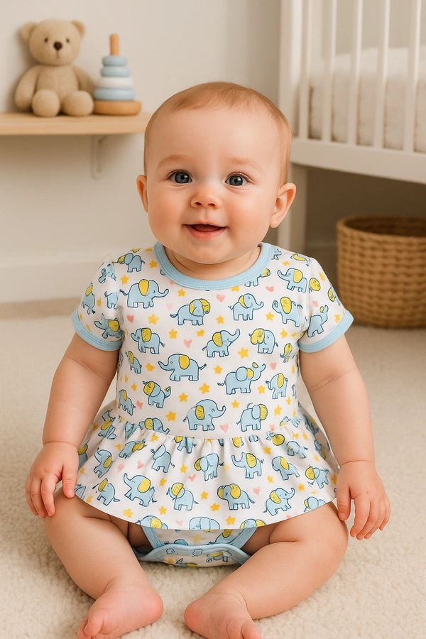 adhigams Baby Elephant New Born Baby Unisex Rompers/Jumpsuit/Sleepsuit/Night Suits for Baby Boys & Girls, Infants, 100% Pure Cotton Suit (0-3/3-6/6-9/9-12/12-18 Months) (Pack of 1) (Blue)