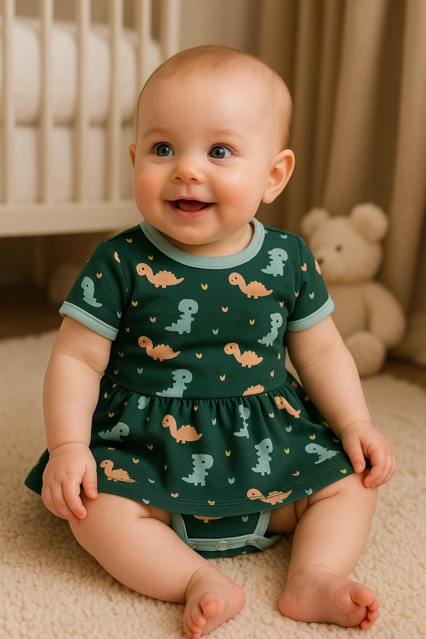 adhigams New Born Baby Dino Doodle Stylish Cotton Romper for Baby Girl | for 3 to 6 Months (Pack of 1) (Green)