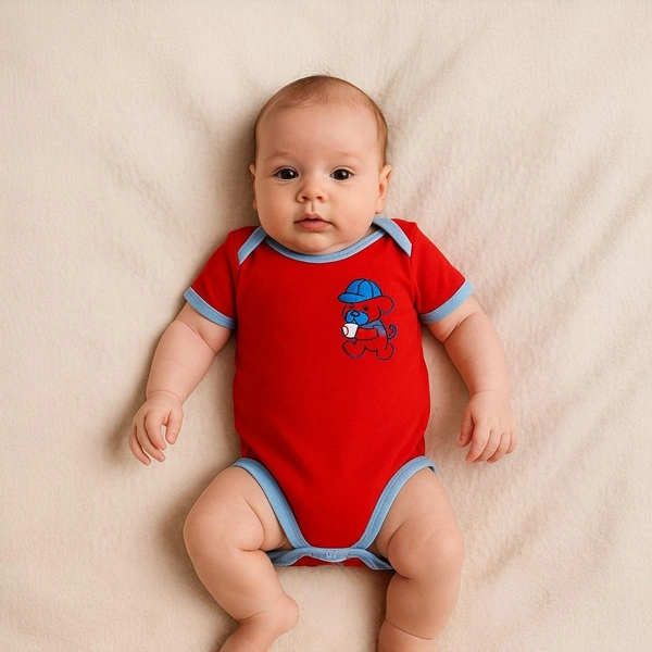 Adhigams Bubbly Bear New Born Baby Unisex Rompers/Jumpsuit/Sleepsuit/Night Suits for Baby Boys & Girls, Infants, 100% Pure Cotton Suit (0-3/3-6/6-9/9-12/12-18 Months) (Pack of 1) (Red)