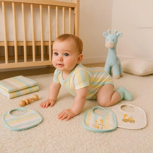 Adhigams Jungle On Wheels New Born Baby Unisex Rompers/Jumpsuit/Sleepsuit/Night Suits for Baby Boys & Girls, Infants, 100% Pure Cotton Suit (0-3/3-6/6-9/9-12/12-18 Months) (Pack of 1) (Strip Yellow)