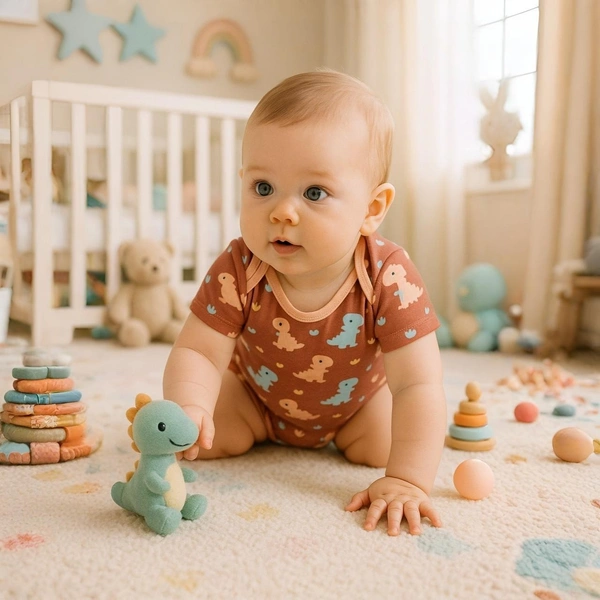 Adhigams Dino Doodle New Born Baby Unisex Rompers/Jumpsuit/Sleepsuit/Night Suits for Baby Boys & Girls, Infants, 100% Pure Cotton Suit (0-3/3-6/6-9/9-12/12-18 Months) (Pack of 1) (Brown)