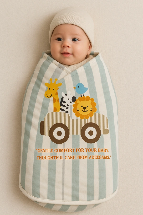 adhigams New Born Baby Jungle on Wheels Stylish Cotton Blanket for Baby boy and Girl | for 0 to 12 Months (Pack of 1) (Stripe Brown) - 0-12 M