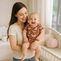 Adhigams Dino Doodle New Born Baby Unisex Rompers/Jumpsuit/Sleepsuit/Night Suits for Baby Boys & Girls, Infants, 100% Pure Cotton Suit (0-3/3-6/6-9/9-12/12-18 Months) (Pack of 1) (Brown)