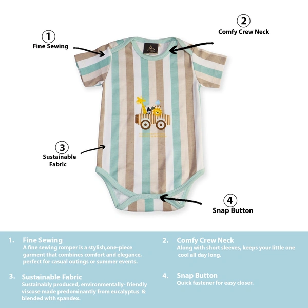 Adhigams Jungle On Wheels New Born Baby Unisex Rompers/Jumpsuit/Sleepsuit/Night Suits For Baby Boys & Girls, Infants, 100% Pure Cotton Suit (0-3/3-6/6-9/9-12/12-18 Months) (Pack Of 1) (Stripe Brown)