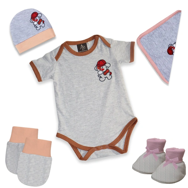 Adhigams New Born Baby Boy Caps/Rompers/Mittons/Booties/Napkins Clothing Gift Set -5 Pieces Bubbly Bear (Grey) for 0-6, 6-12 Months