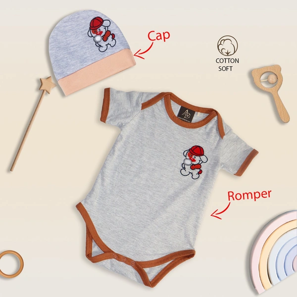 Adhigams New Born Baby Boy Caps/Rompers/Mittons/Booties/Napkins Clothing Gift Set -5 Pieces Bubbly Bear (Grey) for 0-6, 6-12 Months
