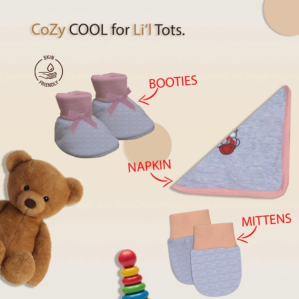 Adhigams New Born Baby Boy Caps/Rompers/Mittons/Booties/Napkins Clothing Gift Set -5 Pieces Bubbly Bear (Grey) for 0-6, 6-12 Months