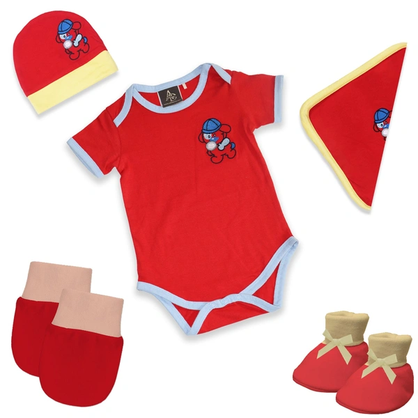 Adhigams New Born Baby Boy Caps/Rompers/Mittons/Booties/Napkins Clothing Gift Set -5 Pieces Bubbly Bear (Red) for 0-6, 6-12 Months