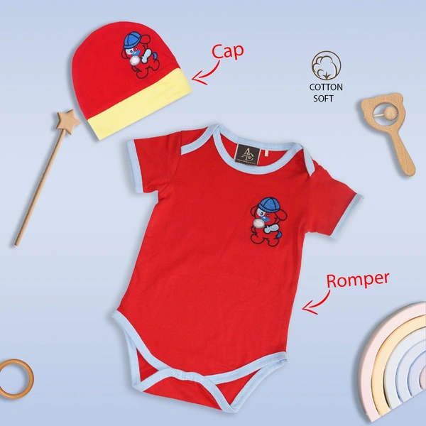 Adhigams New Born Baby Boy Caps/Rompers/Mittons/Booties/Napkins Clothing Gift Set -5 Pieces Bubbly Bear (Red) for 0-6, 6-12 Months