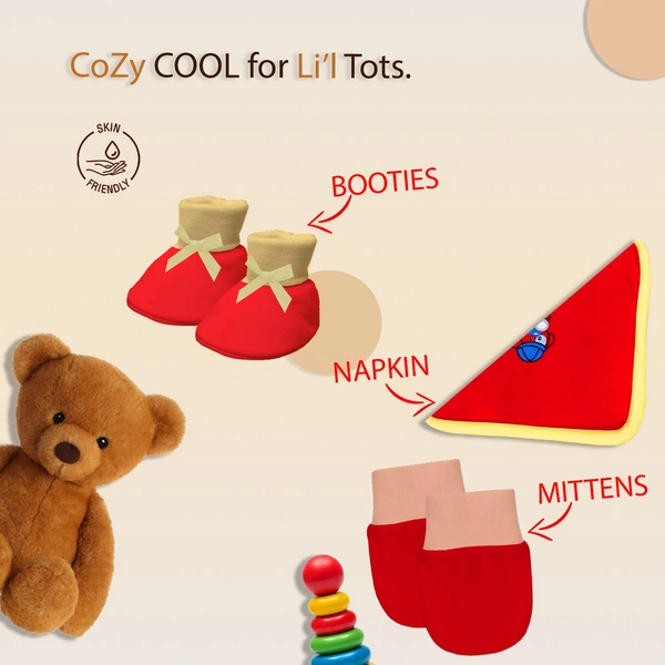 Adhigams New Born Baby Boy Caps/Rompers/Mittons/Booties/Napkins Clothing Gift Set -5 Pieces Bubbly Bear (Red) for 0-6, 6-12 Months