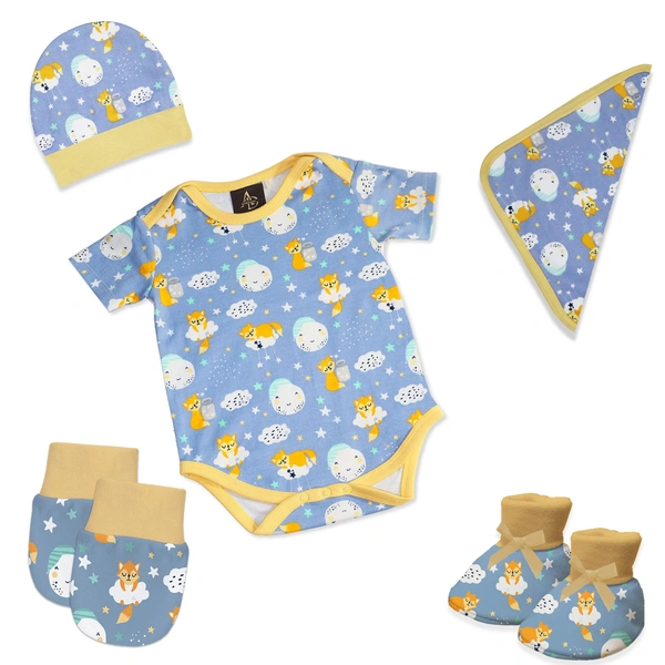 Adhigams New Born Baby Boy Caps/Rompers/Mittons/Booties/Napkins Clothing Gift Set -5 Pieces Cosmic Night (Blue) for 0-6, 6-12 Months