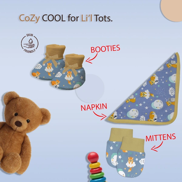 Adhigams New Born Baby Boy Caps/Rompers/Mittons/Booties/Napkins Clothing Gift Set -5 Pieces Cosmic Night (Blue) for 0-6, 6-12 Months