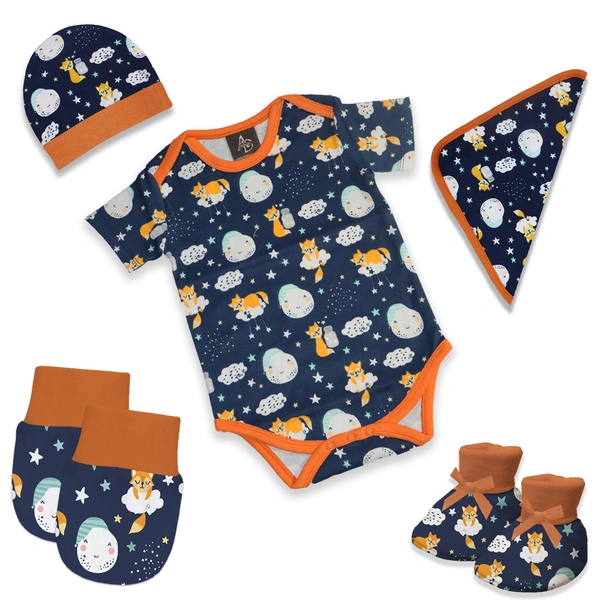 Adhigams New Born Baby Boy Caps/Rompers/Mittons/Booties/Napkins Clothing Gift Set -5 Pieces Cosmic Night (Dark Blue) for 0-6, 6-12 Months