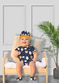 Adhigams New Born Baby Boy Caps/Rompers/Mittons/Booties/Napkins Clothing Gift Set -5 Pieces Cosmic Night (Dark Blue) for 0-6, 6-12 Months