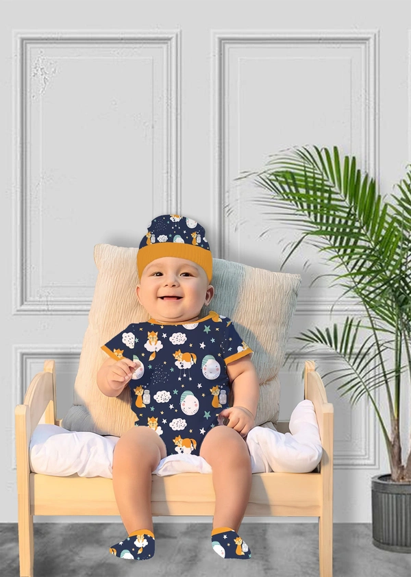 Adhigams New Born Baby Boy Caps/Rompers/Mittons/Booties/Napkins Clothing Gift Set -5 Pieces Cosmic Night (Dark Blue) for 0-6, 6-12 Months