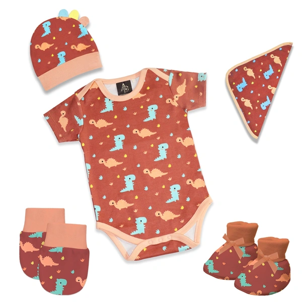 Adhigams New Born Baby Boy Caps/Rompers/Mittons/Booties/Napkins Clothing Gift Set -5 Pieces Dino Doodle (Brown) for 0-6, 6-12 Months