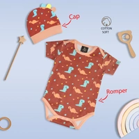 Adhigams New Born Baby Boy Caps/Rompers/Mittons/Booties/Napkins Clothing Gift Set -5 Pieces Dino Doodle (Brown) for 0-6, 6-12 Months