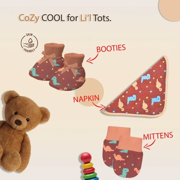 Adhigams New Born Baby Boy Caps/Rompers/Mittons/Booties/Napkins Clothing Gift Set -5 Pieces Dino Doodle (Brown) for 0-6, 6-12 Months