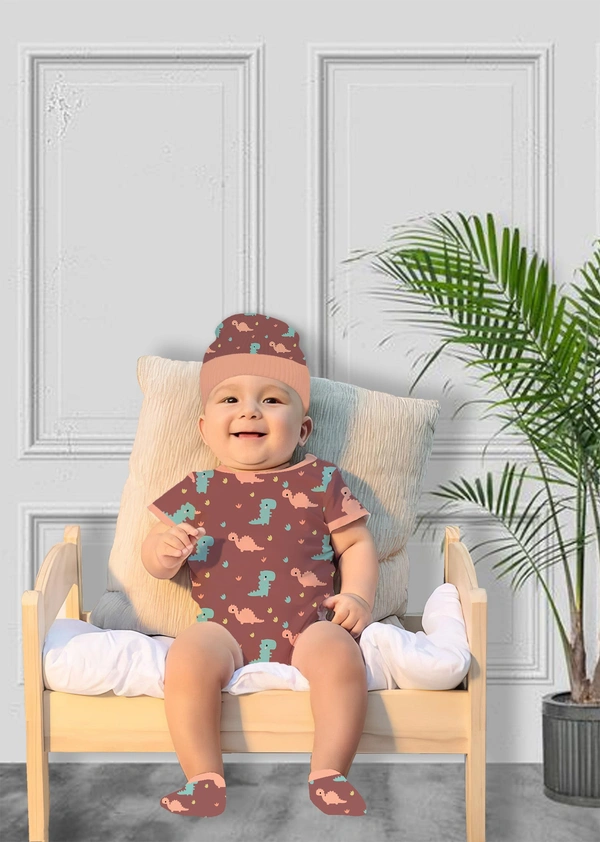 Adhigams New Born Baby Boy Caps/Rompers/Mittons/Booties/Napkins Clothing Gift Set -5 Pieces Dino Doodle (Brown) for 0-6, 6-12 Months