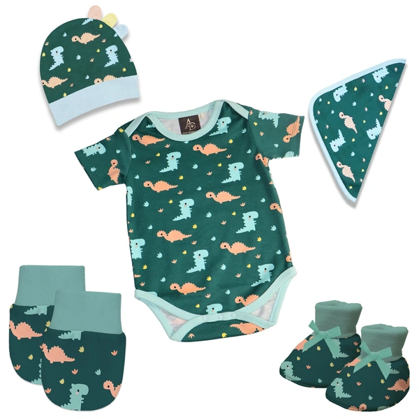 Adhigams New Born Baby Boy Caps/Rompers/Mittons/Booties/Napkins Clothing Gift Set -5 Pieces Dino Doodle (Green) for 0-6, 6-12 Months