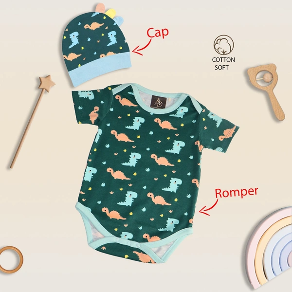 Adhigams New Born Baby Boy Caps/Rompers/Mittons/Booties/Napkins Clothing Gift Set -5 Pieces Dino Doodle (Green) for 0-6, 6-12 Months