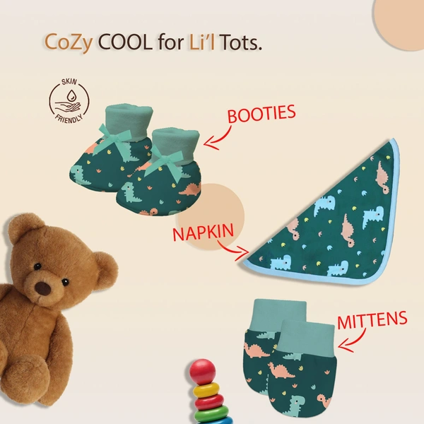 Adhigams New Born Baby Boy Caps/Rompers/Mittons/Booties/Napkins Clothing Gift Set -5 Pieces Dino Doodle (Green) for 0-6, 6-12 Months