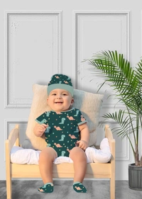 Adhigams New Born Baby Boy Caps/Rompers/Mittons/Booties/Napkins Clothing Gift Set -5 Pieces Dino Doodle (Green) for 0-6, 6-12 Months