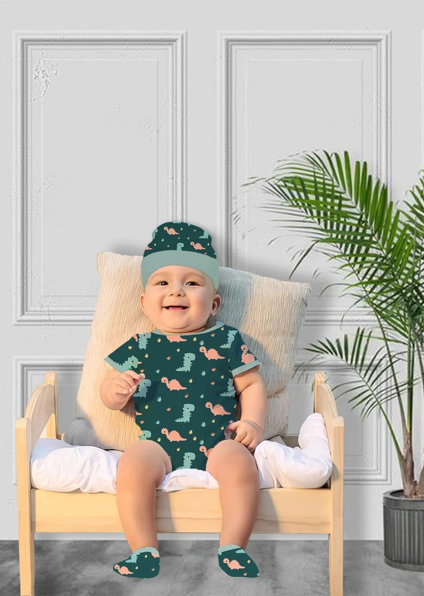 Adhigams New Born Baby Boy Caps/Rompers/Mittons/Booties/Napkins Clothing Gift Set -5 Pieces Dino Doodle (Green) for 0-6, 6-12 Months