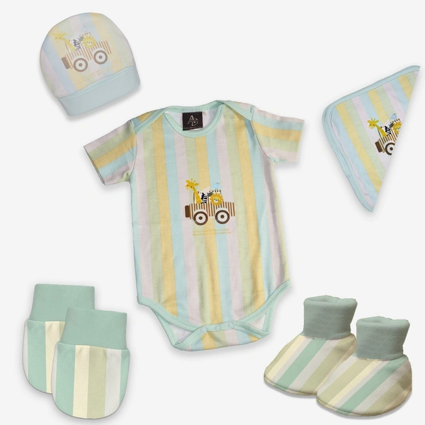 Adhigams New Born Baby Boy Caps/Rompers/Mittons/Booties/Napkins Clothing Gift Set -5 Pieces Jungle on Wheels (Multicolor) for 0-6, 6-12 Months