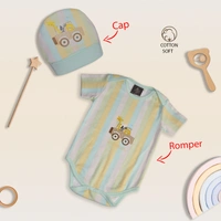 Adhigams New Born Baby Boy Caps/Rompers/Mittons/Booties/Napkins Clothing Gift Set -5 Pieces Jungle on Wheels (Multicolor) for 0-6, 6-12 Months