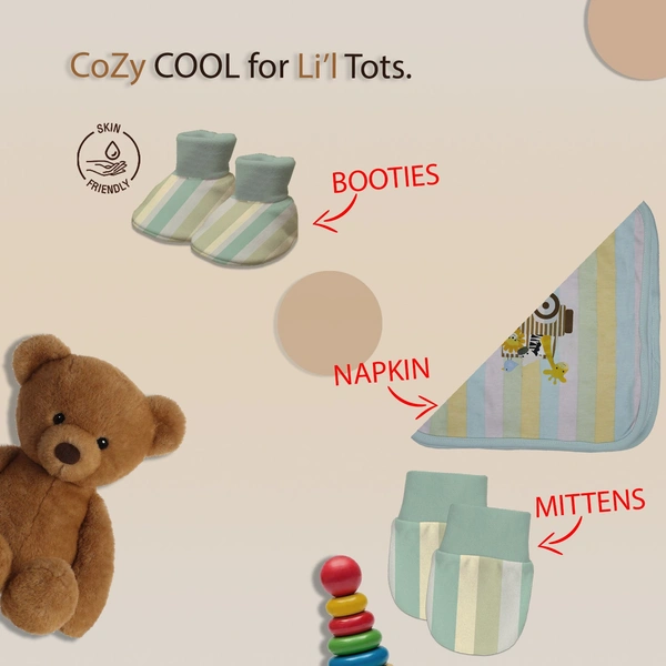 Adhigams New Born Baby Boy Caps/Rompers/Mittons/Booties/Napkins Clothing Gift Set -5 Pieces Jungle on Wheels (Multicolor) for 0-6, 6-12 Months