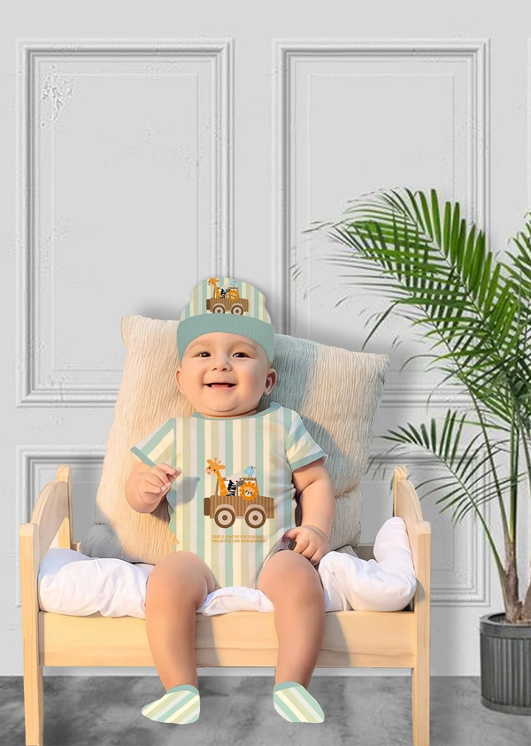 Adhigams New Born Baby Boy Caps/Rompers/Mittons/Booties/Napkins Clothing Gift Set -5 Pieces Jungle on Wheels (Multicolor) for 0-6, 6-12 Months