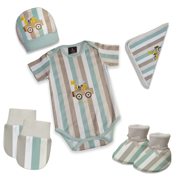 Adhigams New Born Baby Boy Caps/Rompers/Mittons/Booties/Napkins Clothing Gift Set -5 Pieces Jungle on Wheels (Multicolor) for 0-6, 6-12 Months