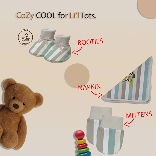 Adhigams New Born Baby Boy Caps/Rompers/Mittons/Booties/Napkins Clothing Gift Set -5 Pieces Jungle on Wheels (Multicolor) for 0-6, 6-12 Months