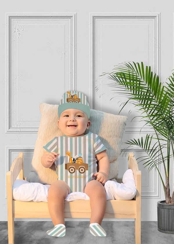 Adhigams New Born Baby Boy Caps/Rompers/Mittons/Booties/Napkins Clothing Gift Set -5 Pieces Jungle on Wheels (Multicolor) for 0-6, 6-12 Months