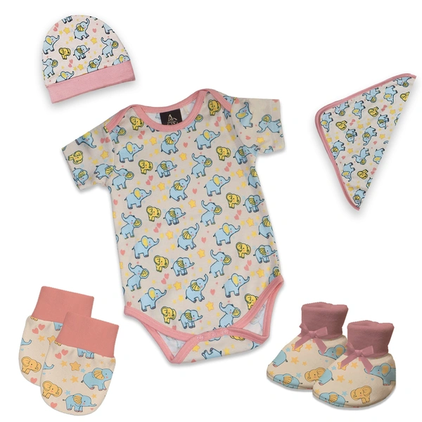 Adhigams New Born Baby Boy Caps/Rompers/Mittons/Booties/Napkins Clothing Gift Set -5 Pieces Baby Elephant (Pink) for 0-6, 6-12 Months